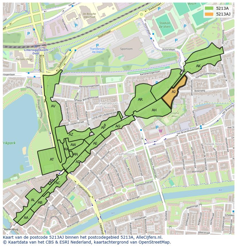 Afbeelding van het postcodegebied 5213 AJ op de kaart.