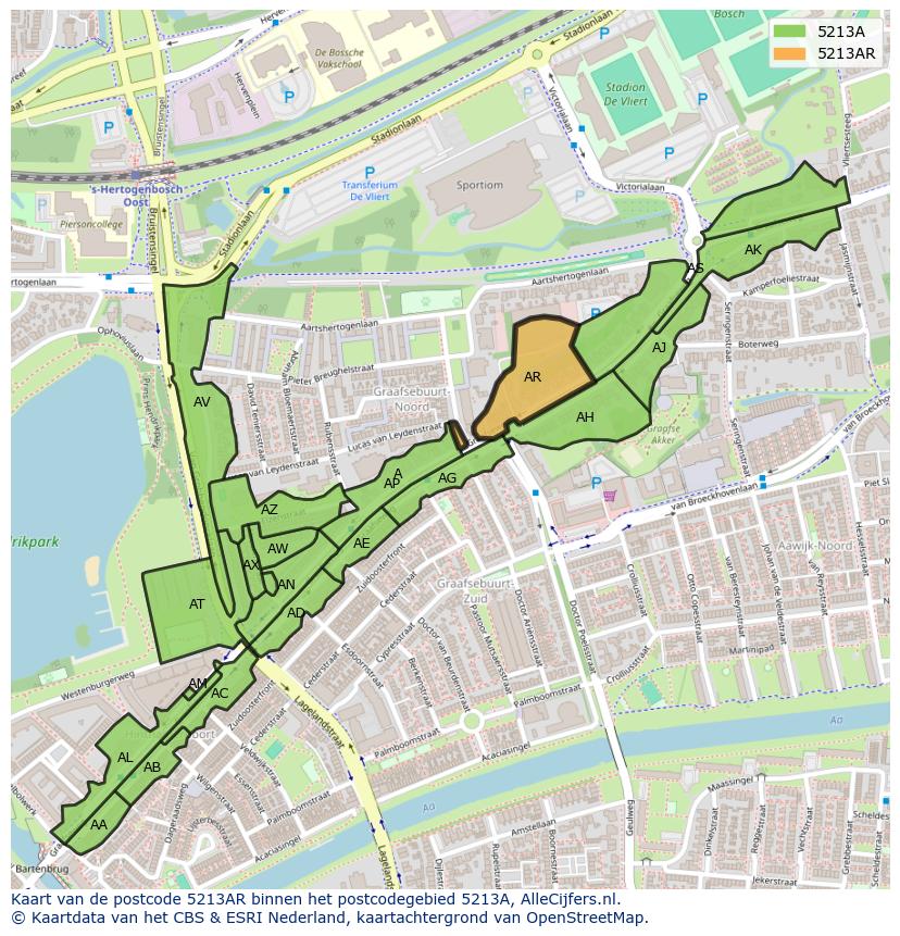 Afbeelding van het postcodegebied 5213 AR op de kaart.