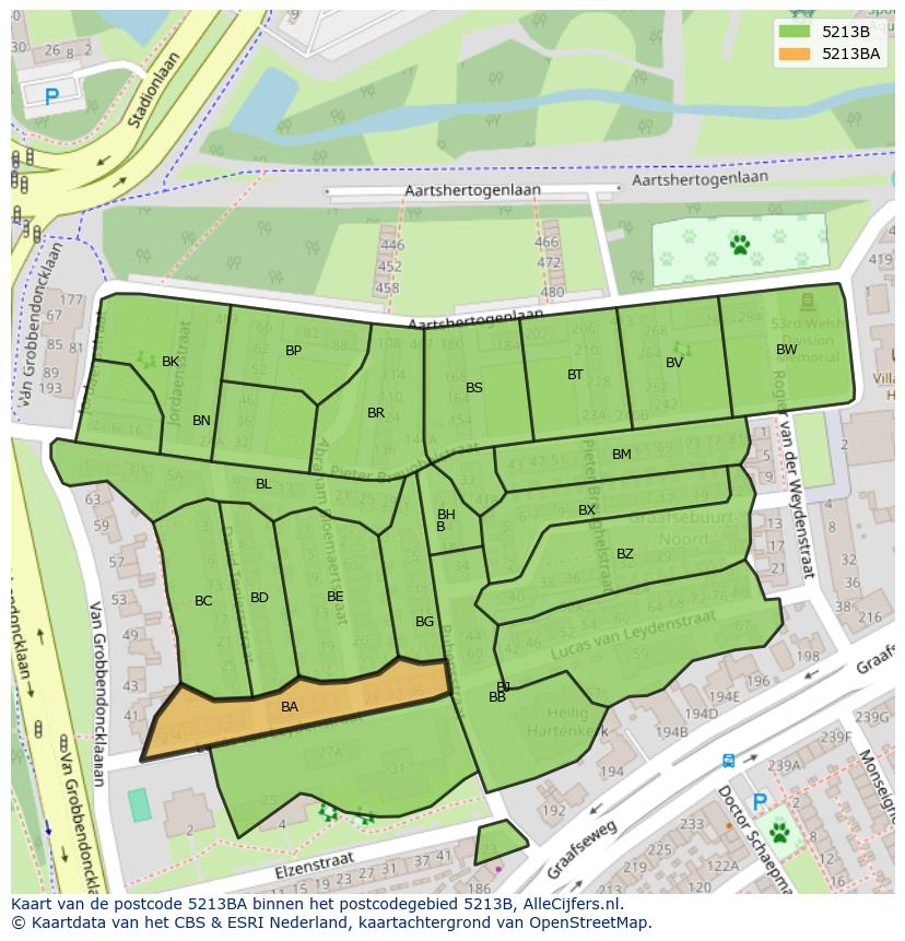 Afbeelding van het postcodegebied 5213 BA op de kaart.