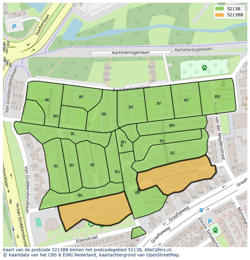 Afbeelding van het postcodegebied 5213 BB op de kaart.