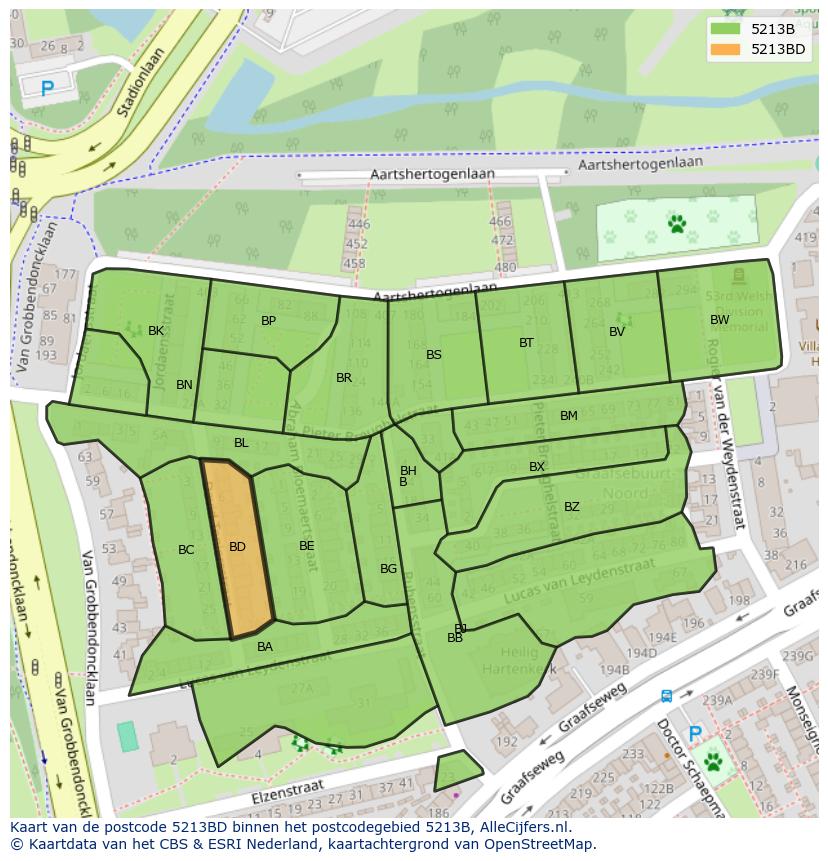 Afbeelding van het postcodegebied 5213 BD op de kaart.