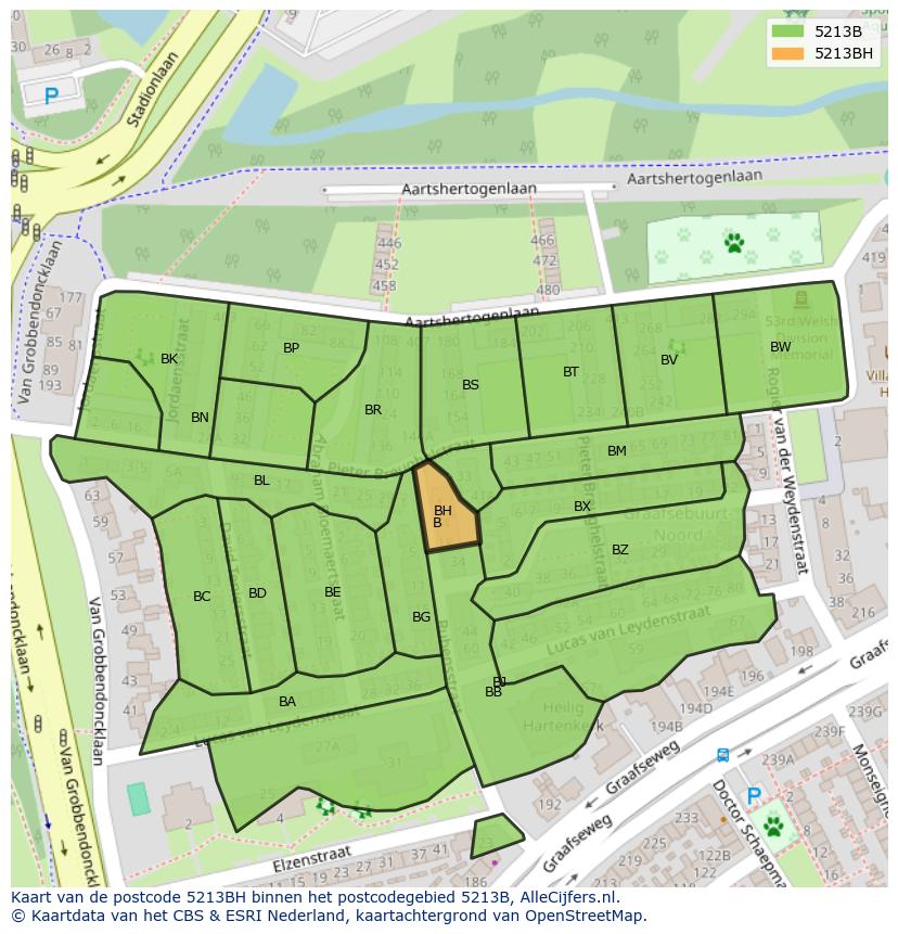 Afbeelding van het postcodegebied 5213 BH op de kaart.
