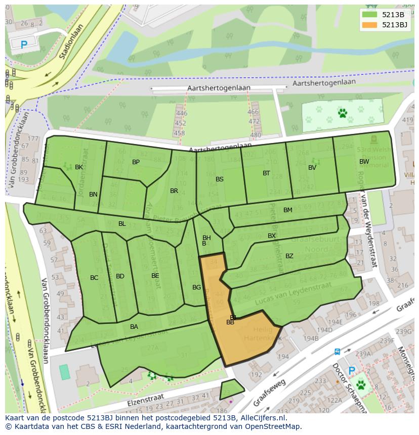 Afbeelding van het postcodegebied 5213 BJ op de kaart.