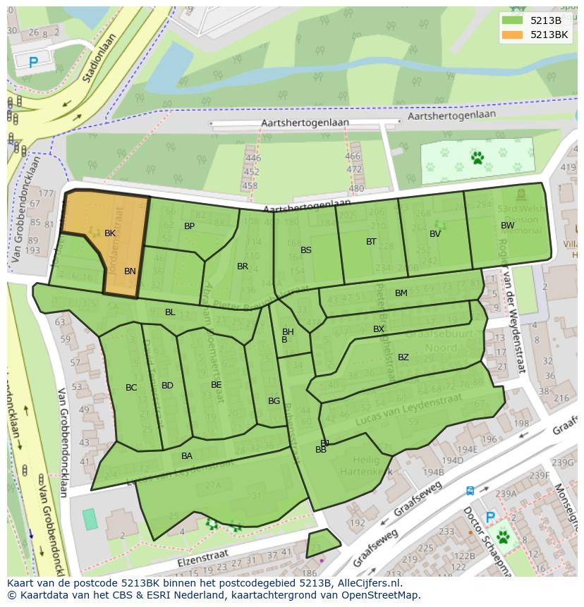 Afbeelding van het postcodegebied 5213 BK op de kaart.