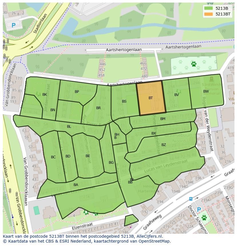 Afbeelding van het postcodegebied 5213 BT op de kaart.