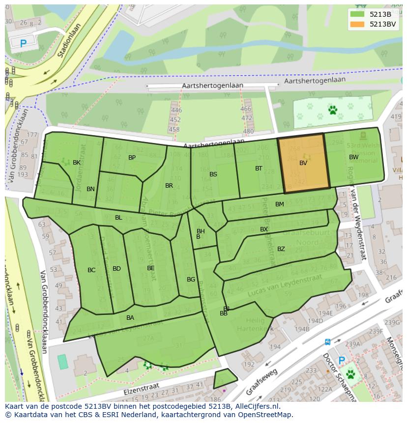 Afbeelding van het postcodegebied 5213 BV op de kaart.