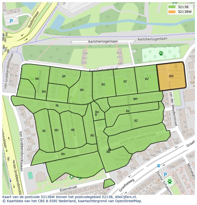 Afbeelding van het postcodegebied 5213 BW op de kaart.