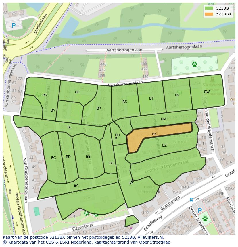 Afbeelding van het postcodegebied 5213 BX op de kaart.