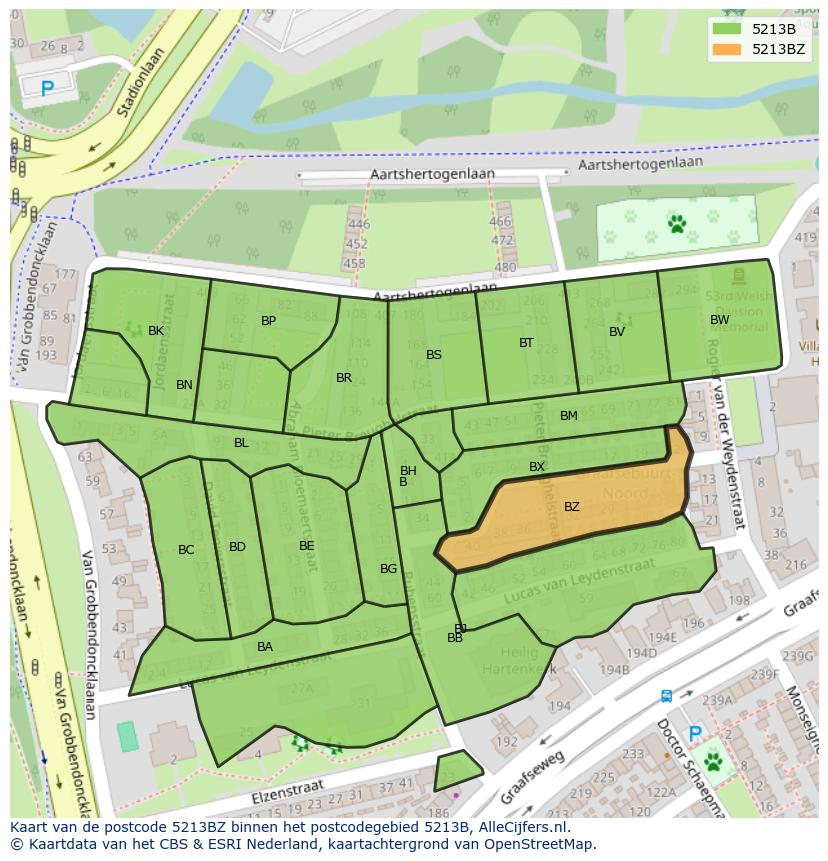 Afbeelding van het postcodegebied 5213 BZ op de kaart.