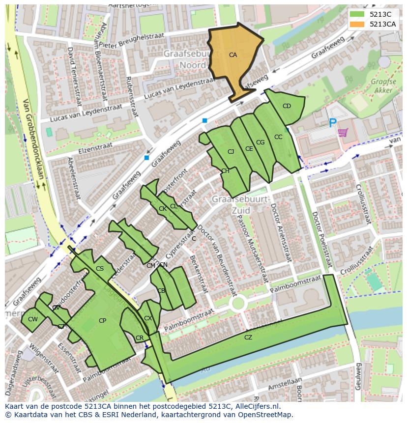 Afbeelding van het postcodegebied 5213 CA op de kaart.