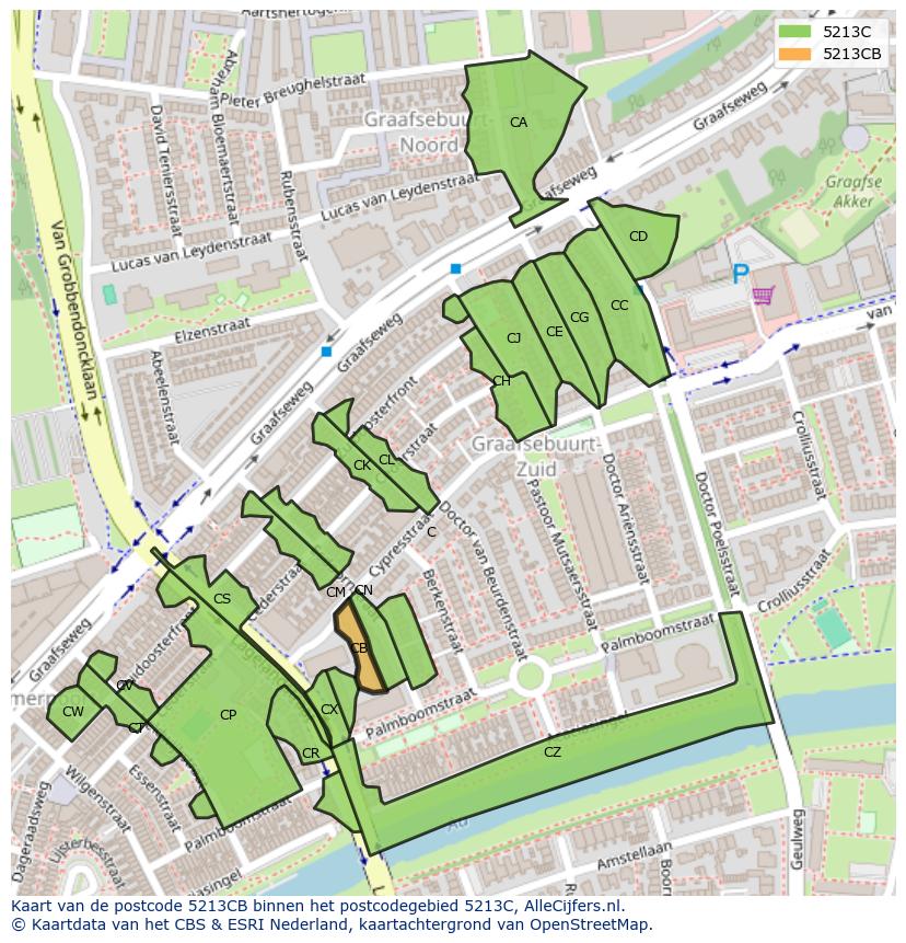 Afbeelding van het postcodegebied 5213 CB op de kaart.