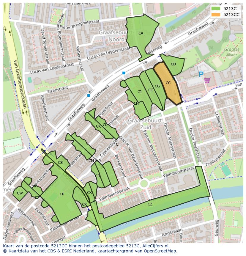 Afbeelding van het postcodegebied 5213 CC op de kaart.