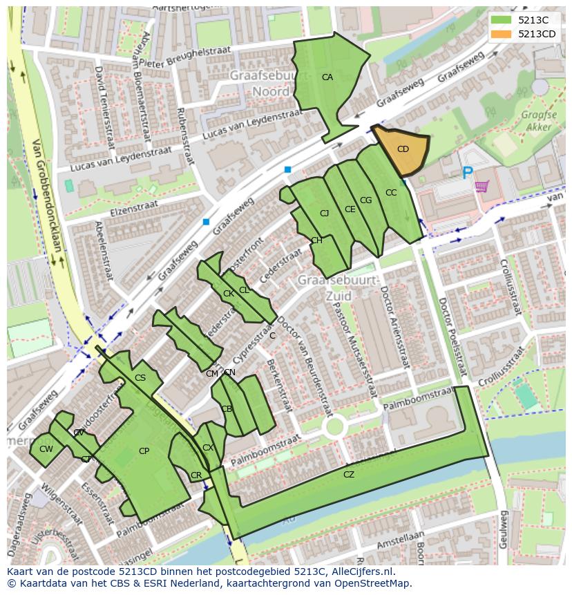 Afbeelding van het postcodegebied 5213 CD op de kaart.
