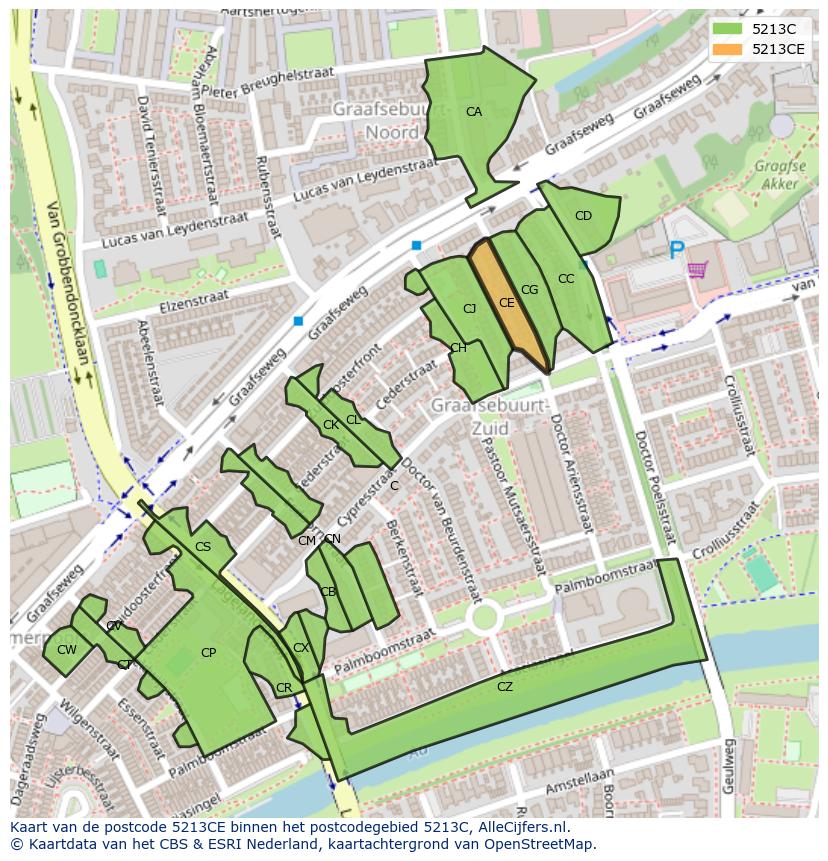 Afbeelding van het postcodegebied 5213 CE op de kaart.
