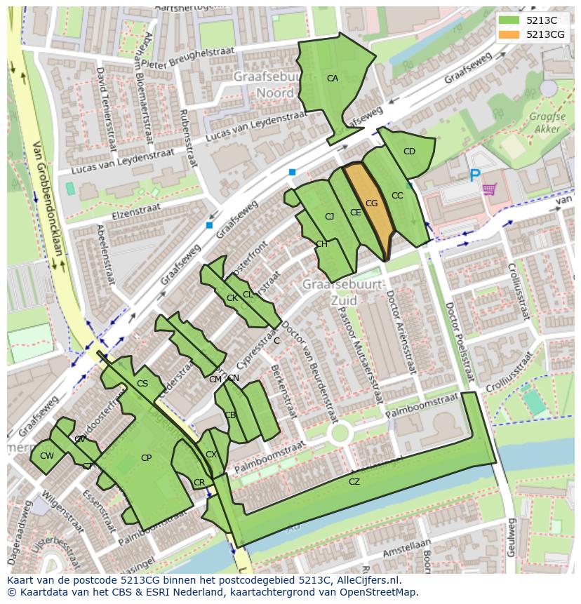 Afbeelding van het postcodegebied 5213 CG op de kaart.