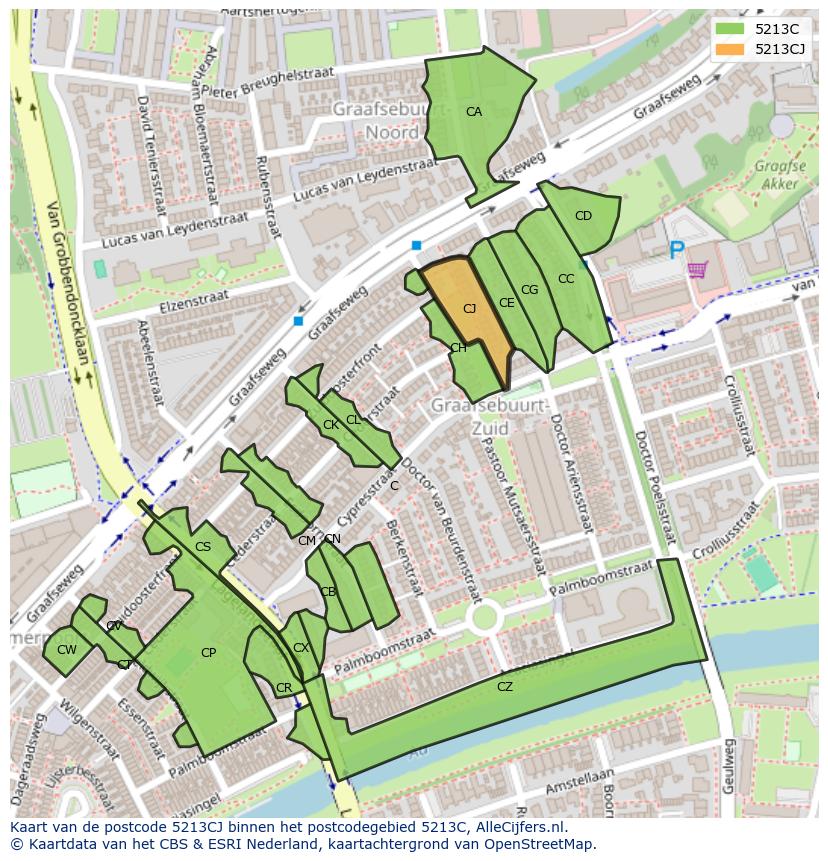 Afbeelding van het postcodegebied 5213 CJ op de kaart.