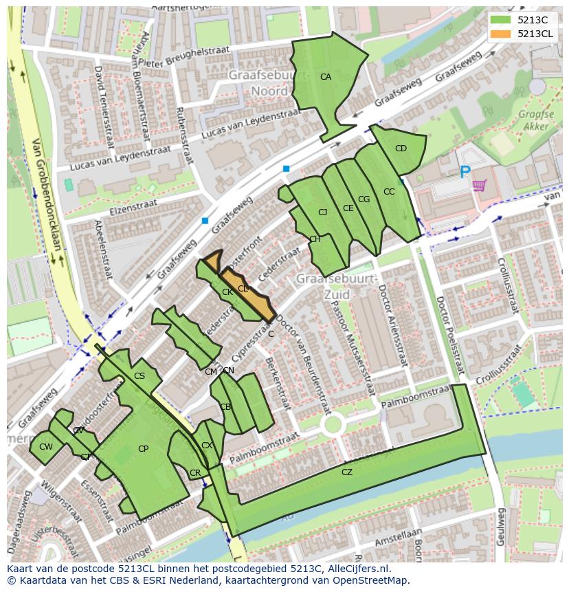 Afbeelding van het postcodegebied 5213 CL op de kaart.