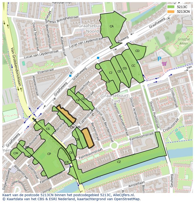 Afbeelding van het postcodegebied 5213 CN op de kaart.