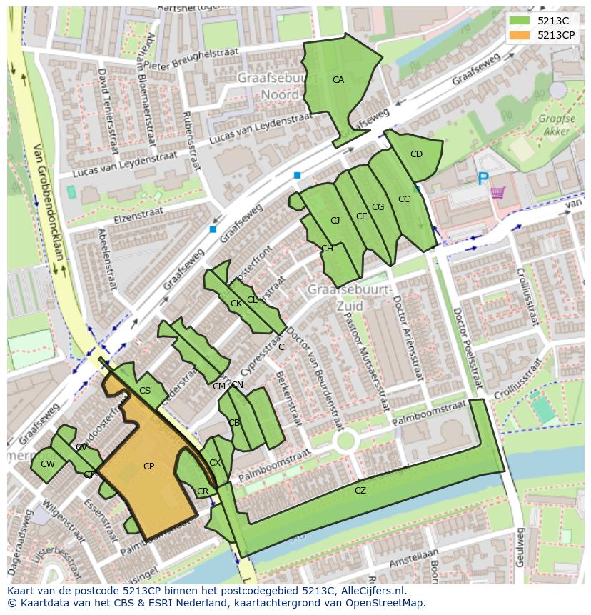 Afbeelding van het postcodegebied 5213 CP op de kaart.