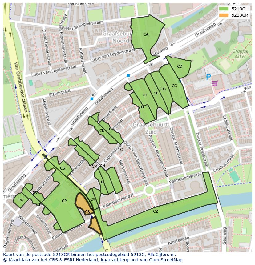 Afbeelding van het postcodegebied 5213 CR op de kaart.