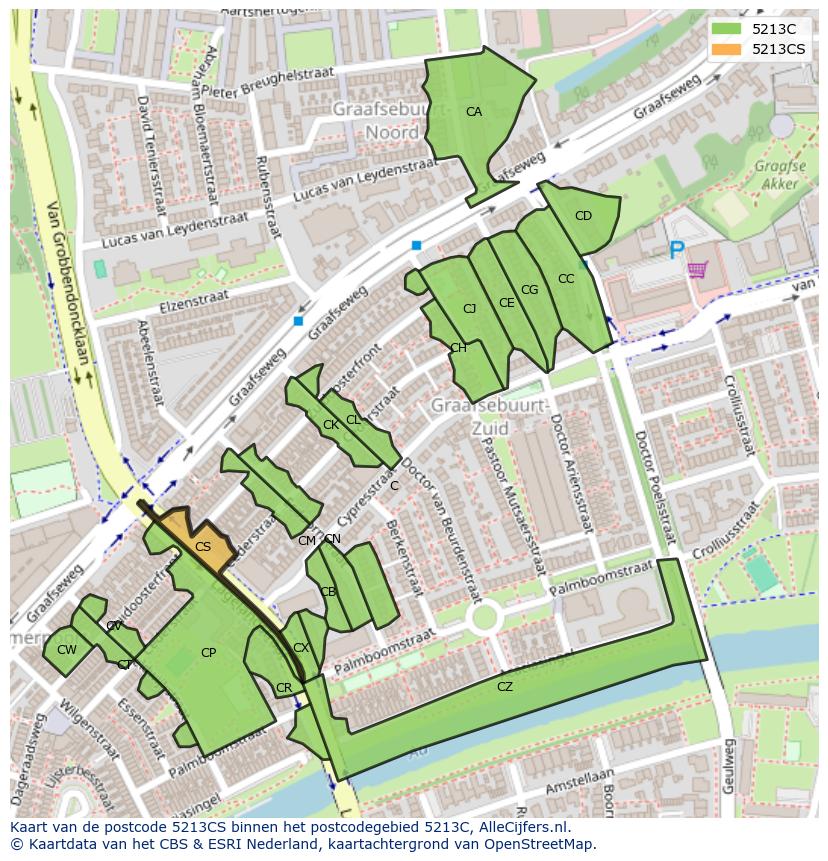 Afbeelding van het postcodegebied 5213 CS op de kaart.
