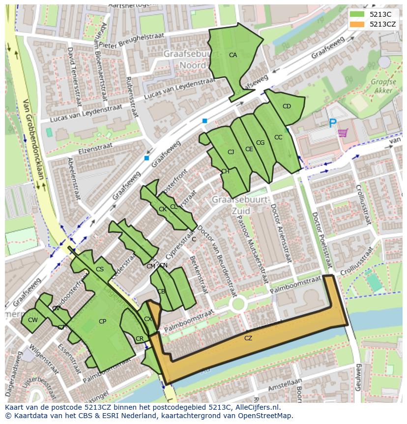 Afbeelding van het postcodegebied 5213 CZ op de kaart.