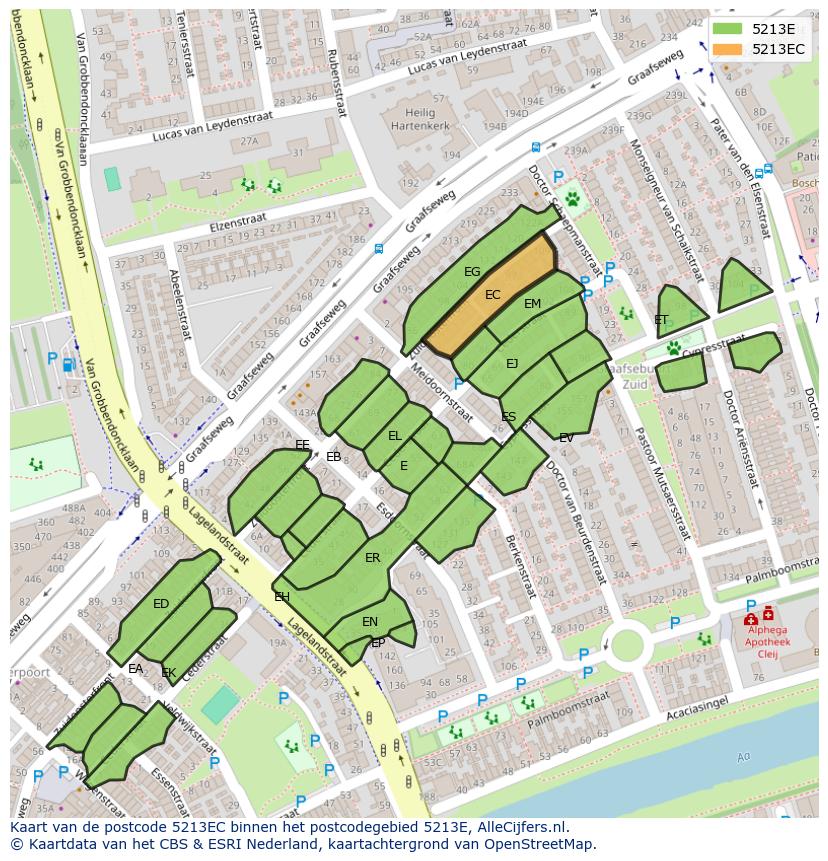 Afbeelding van het postcodegebied 5213 EC op de kaart.