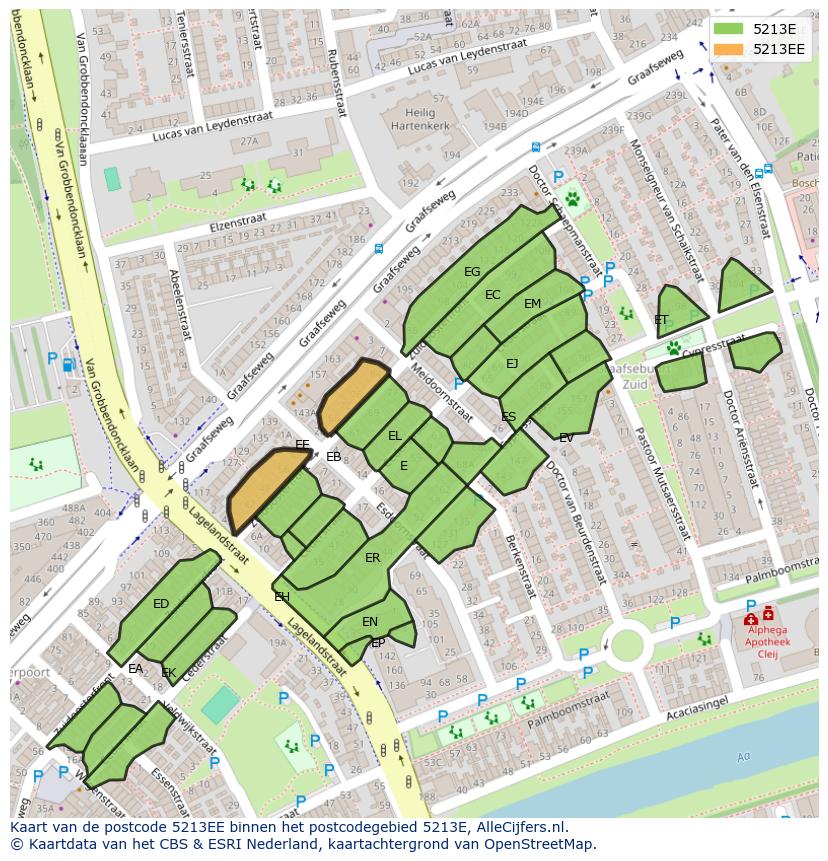Afbeelding van het postcodegebied 5213 EE op de kaart.