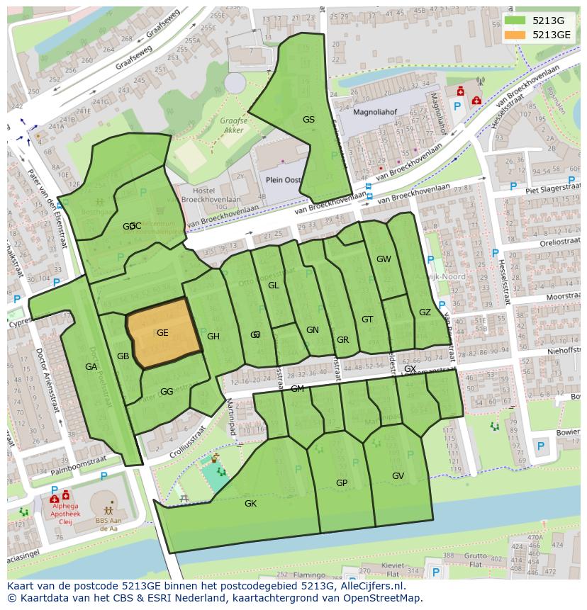 Afbeelding van het postcodegebied 5213 GE op de kaart.