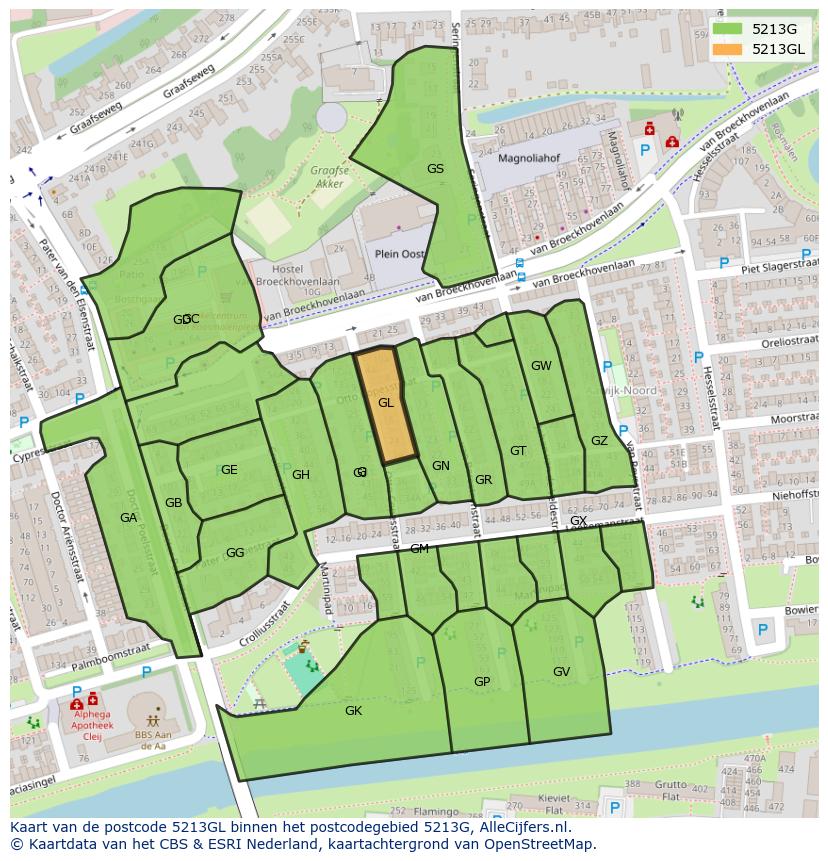 Afbeelding van het postcodegebied 5213 GL op de kaart.