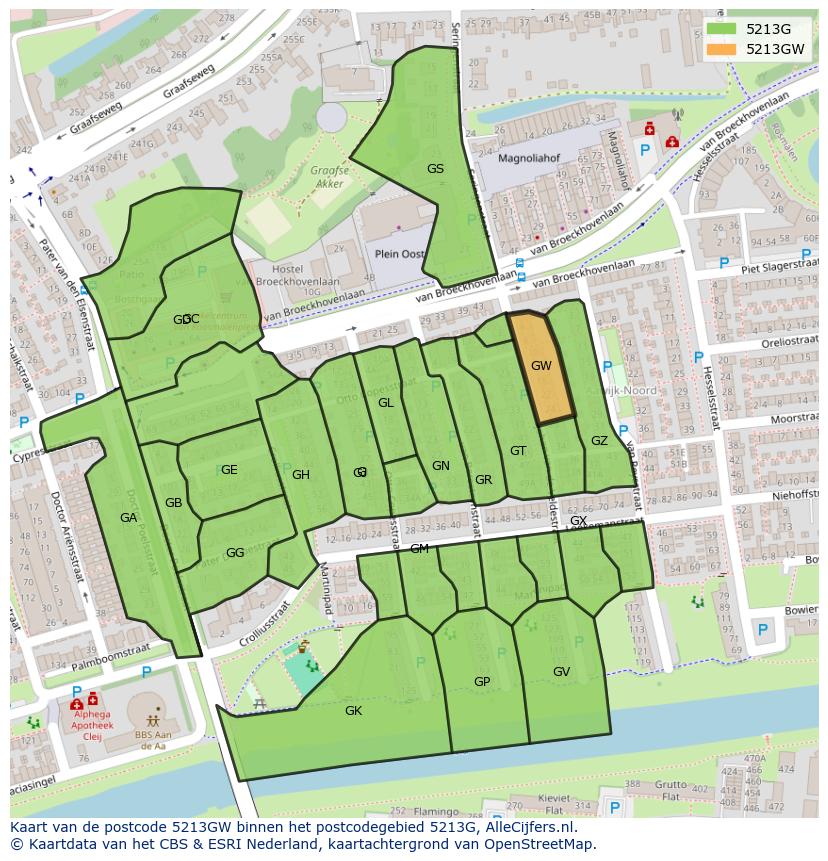 Afbeelding van het postcodegebied 5213 GW op de kaart.