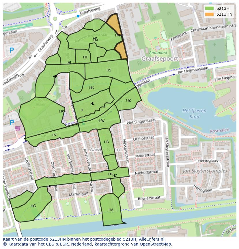 Afbeelding van het postcodegebied 5213 HN op de kaart.