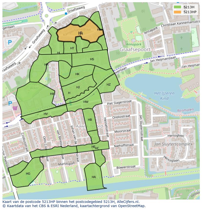 Afbeelding van het postcodegebied 5213 HP op de kaart.