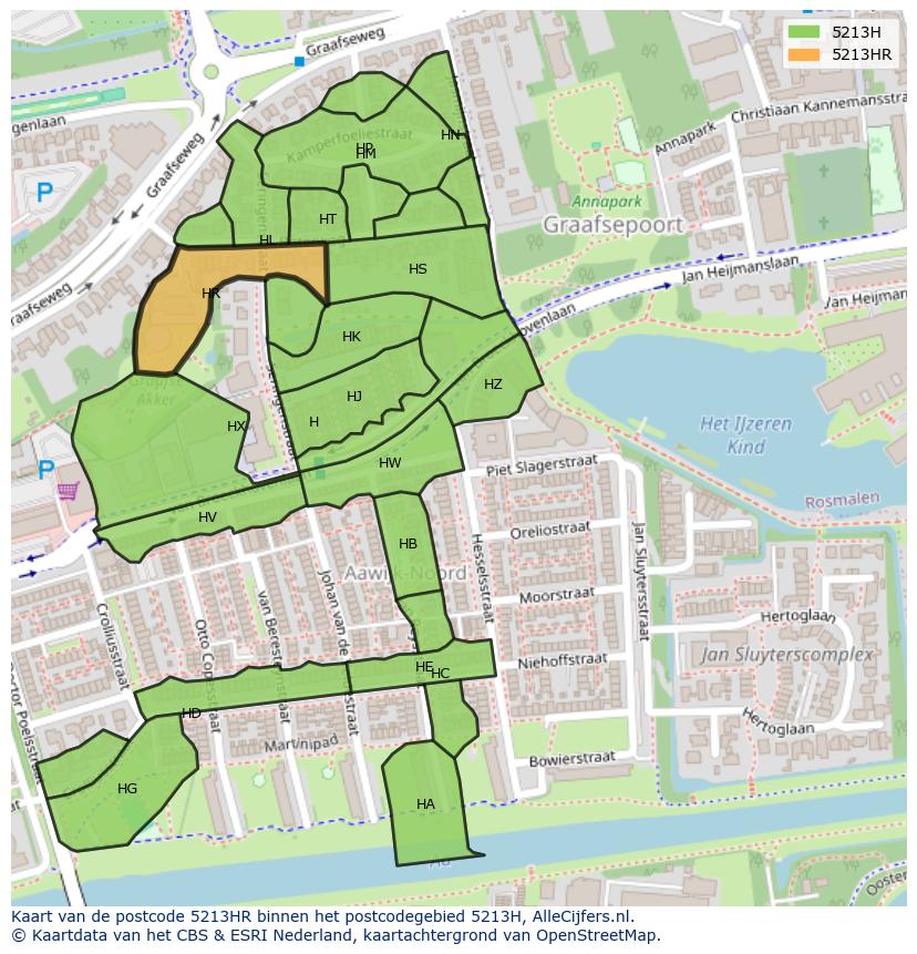 Afbeelding van het postcodegebied 5213 HR op de kaart.