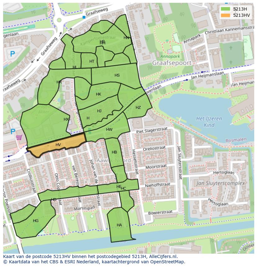 Afbeelding van het postcodegebied 5213 HV op de kaart.