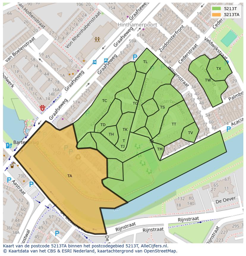 Afbeelding van het postcodegebied 5213 TA op de kaart.