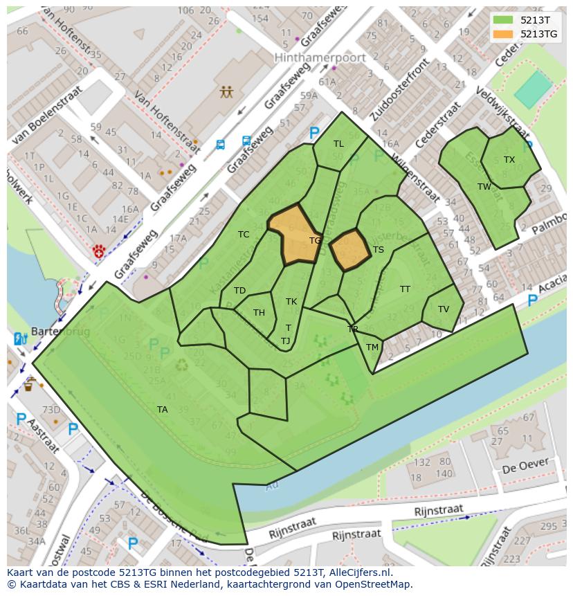 Afbeelding van het postcodegebied 5213 TG op de kaart.