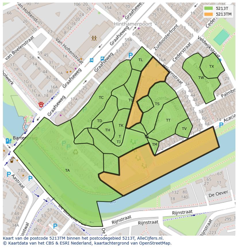 Afbeelding van het postcodegebied 5213 TM op de kaart.