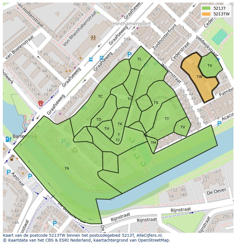Afbeelding van het postcodegebied 5213 TW op de kaart.