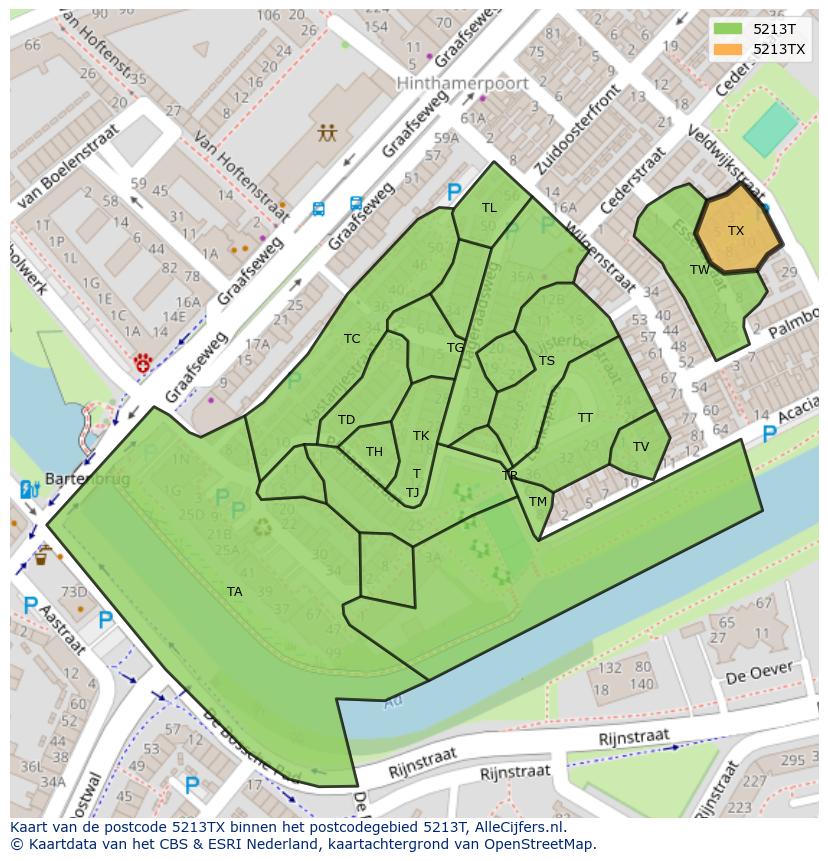 Afbeelding van het postcodegebied 5213 TX op de kaart.