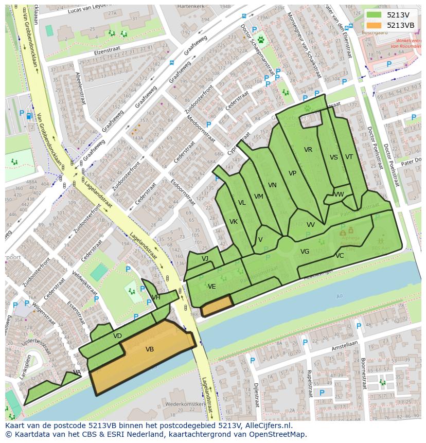 Afbeelding van het postcodegebied 5213 VB op de kaart.