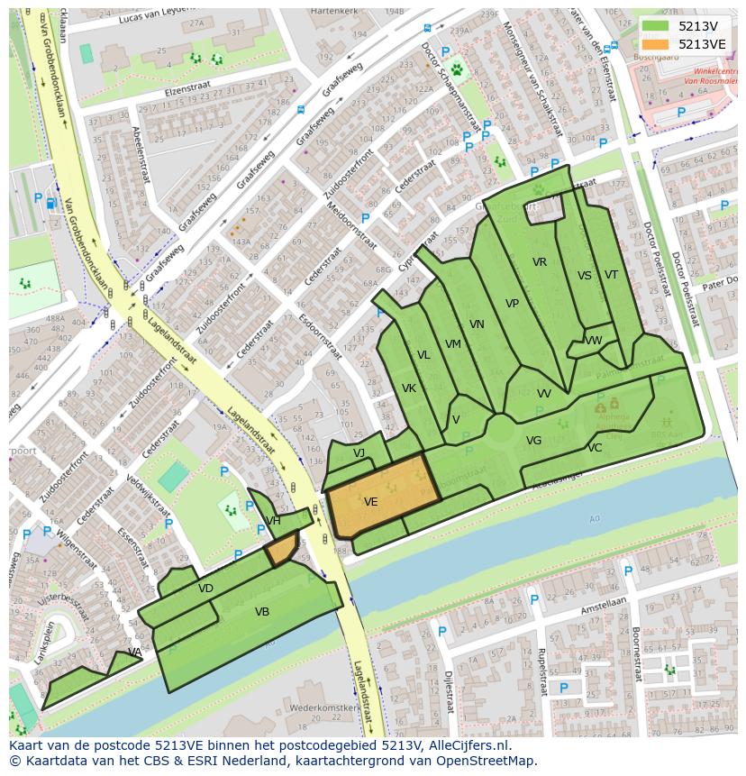 Afbeelding van het postcodegebied 5213 VE op de kaart.