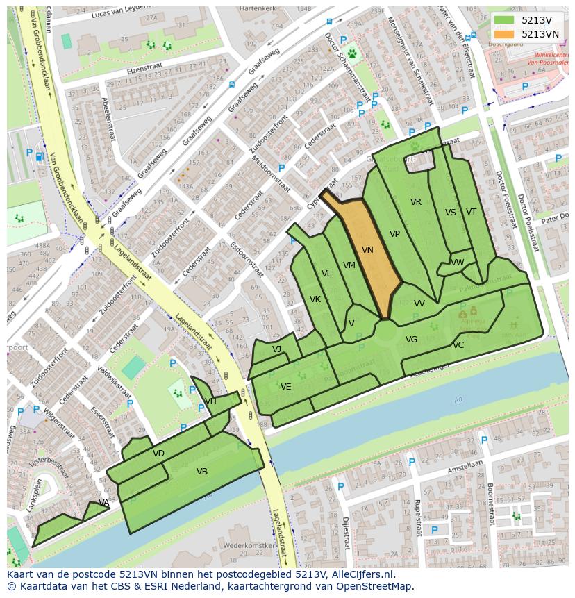 Afbeelding van het postcodegebied 5213 VN op de kaart.