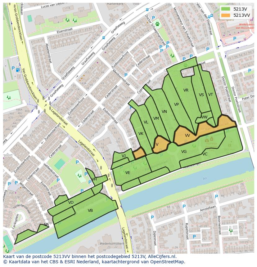 Afbeelding van het postcodegebied 5213 VV op de kaart.