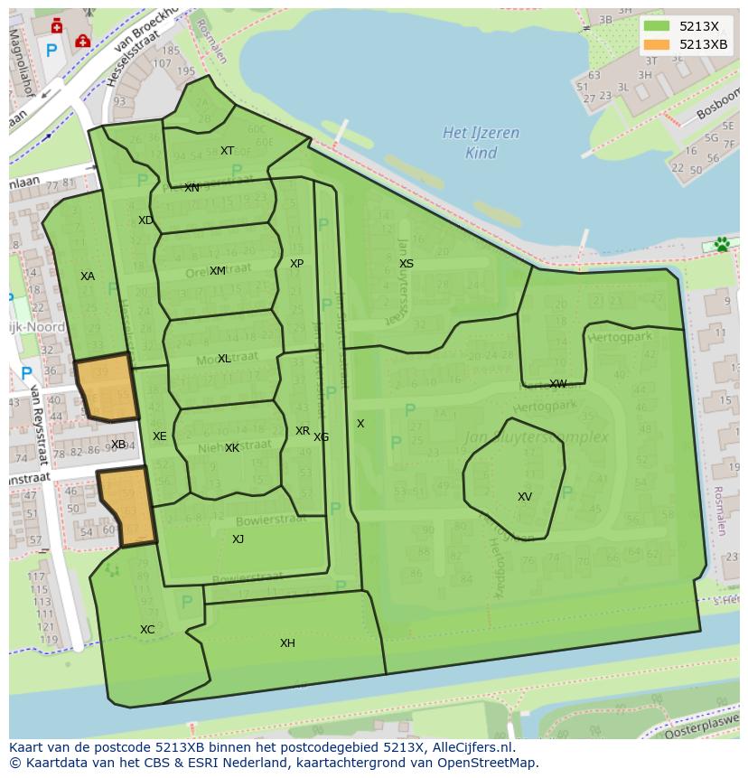 Afbeelding van het postcodegebied 5213 XB op de kaart.