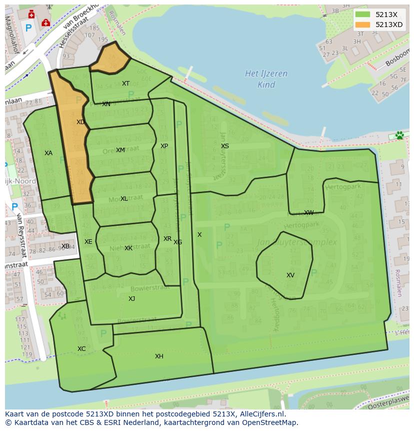 Afbeelding van het postcodegebied 5213 XD op de kaart.
