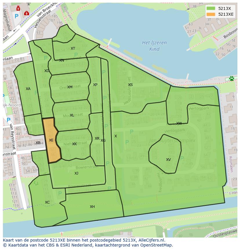 Afbeelding van het postcodegebied 5213 XE op de kaart.