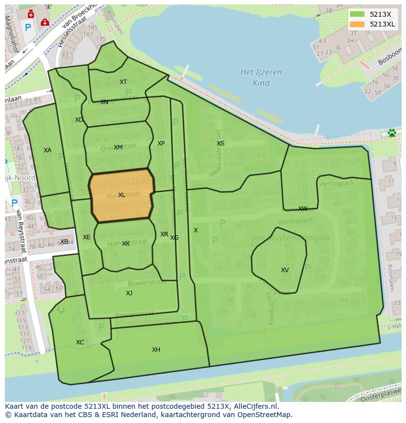 Afbeelding van het postcodegebied 5213 XL op de kaart.