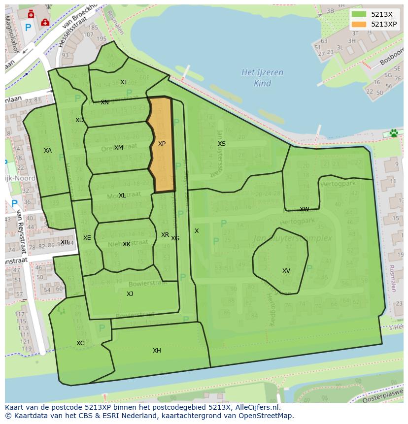 Afbeelding van het postcodegebied 5213 XP op de kaart.