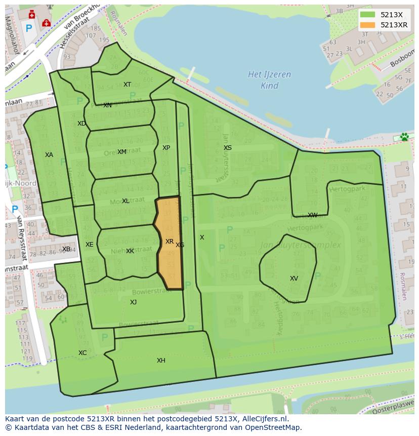 Afbeelding van het postcodegebied 5213 XR op de kaart.